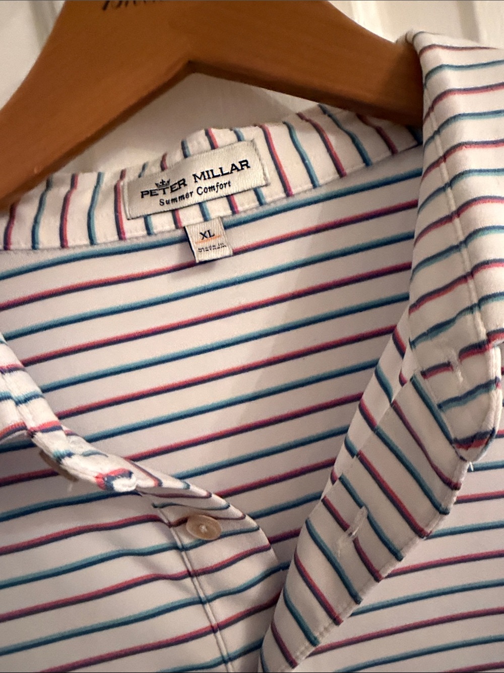 Peter Millar White Polo with Red and Navy Stripe Pattern - Picture 2 of 3